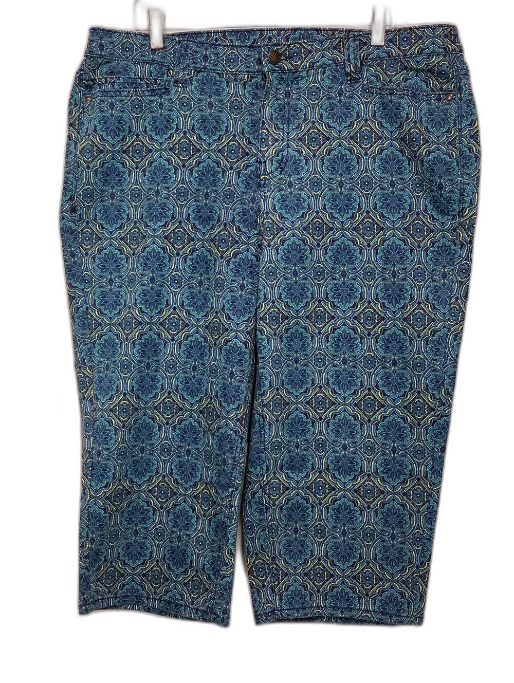 Catherine’s Stretch Capri Pants Blue Green Mandala Vacation Coastal Resort 18W